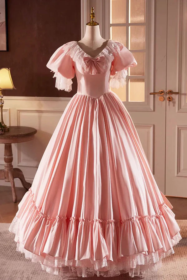 Wholesale Pink Satin Lace Long Prom Dress Pink Short Sleeve Evening Party Dress